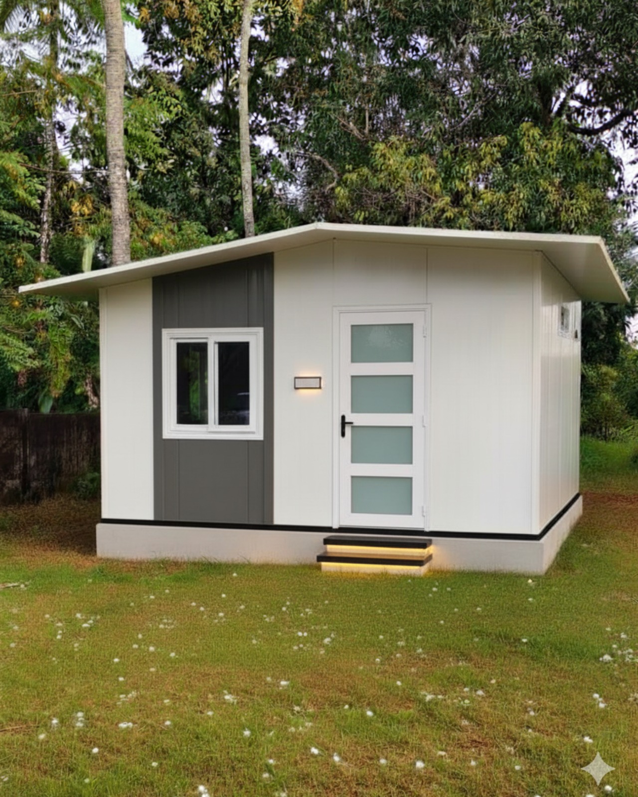 A prefabricated home with outdoor seating and a welcoming facade.